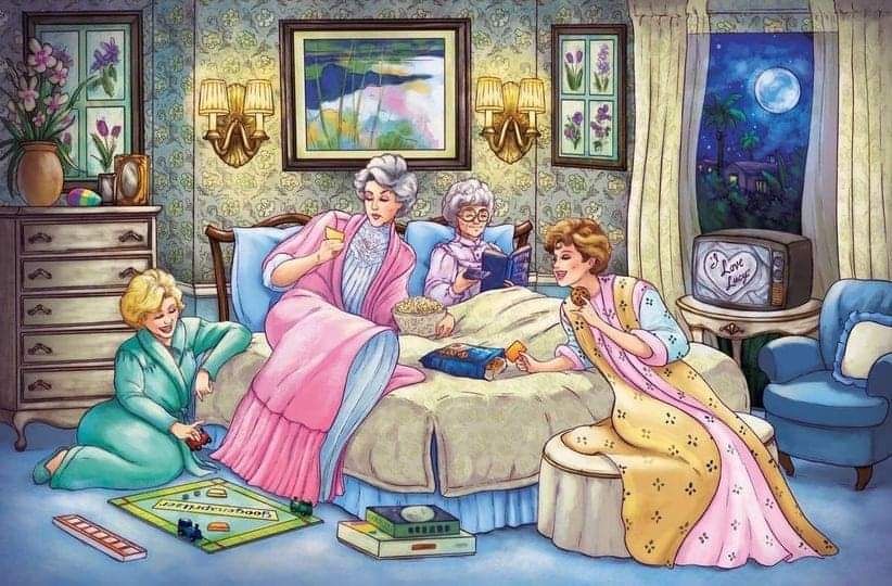 A drawing of all 4 Golden Girls in their pajamas at a slumber party with games, books and snacks. I Love Lucy is playing on the TV. 