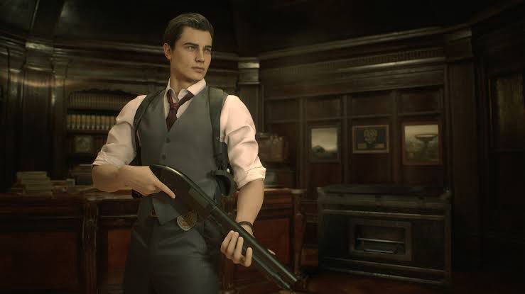 A skin Noir do personagem Leon de Resident Evil 2. Ele usa colete e calça cinzas, gravata vinho e camisa branca. Segura uma escopeta preta, é branco e tem o cabelo penteado para trás 