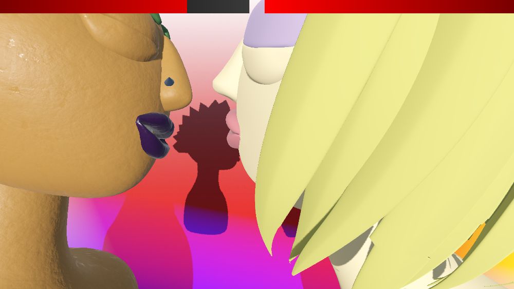 a punk person with green spiky hair, purple lipstick & piercings, leaning in to kiss a blonde person with purple eyeshadow and rosy lips. both eyes closed. they're rendered in a cartoonish 3d style