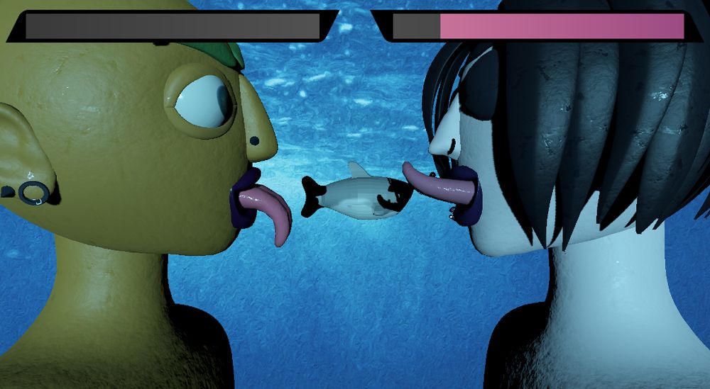 A screenshot from our game "What If We Kissed" showing a punk character on the left with purple lipstick and piercings and green spiky hair, and a goth person on the right, with pale skin, black eyes and lips, and long black hair. The background shows an underwater image and a cartoonish looking shark is swimming by in front of it.