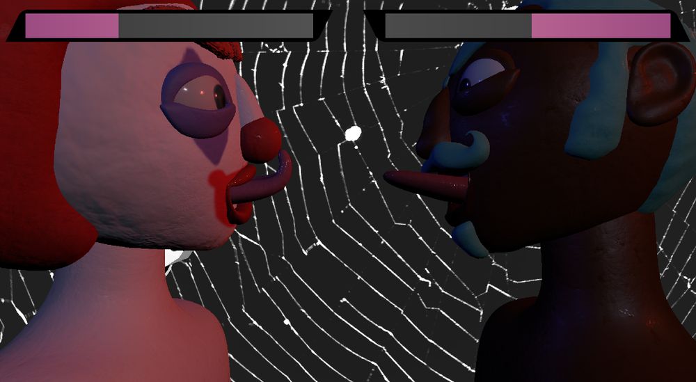a screenshot from our game "What If We Kissed" showing a clown on the left and a black person with a teal moustache on the right. over their heads are scoring bars and the background is a spiderweb