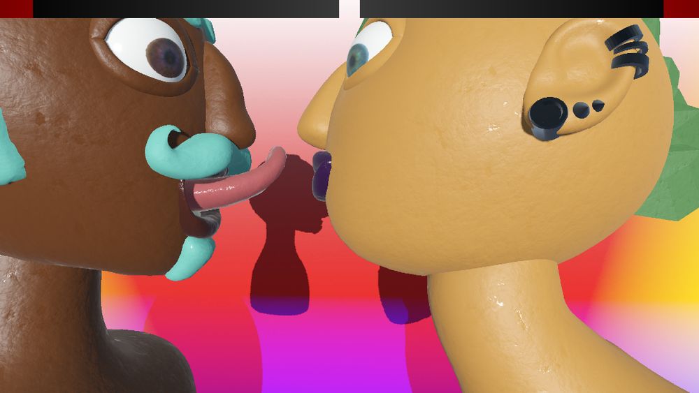 a black person with turquoise hair, moustache & goatee, tongue sticking out. they're about to kiss a punk person, with piercings, green spiky hair & purple lipstick. the image is a screenshot from our game, rendered in a cartoonish 3d style.