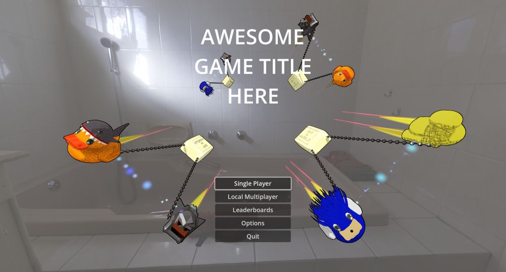 a screenshot of our upcoming game, showing the main menu, with big white text in the middle of the screen saying "AWESOME GAME TITLE HERE" with a bunch of vehicles from our game around it (pairs of ducks pulling along a bar of soap)