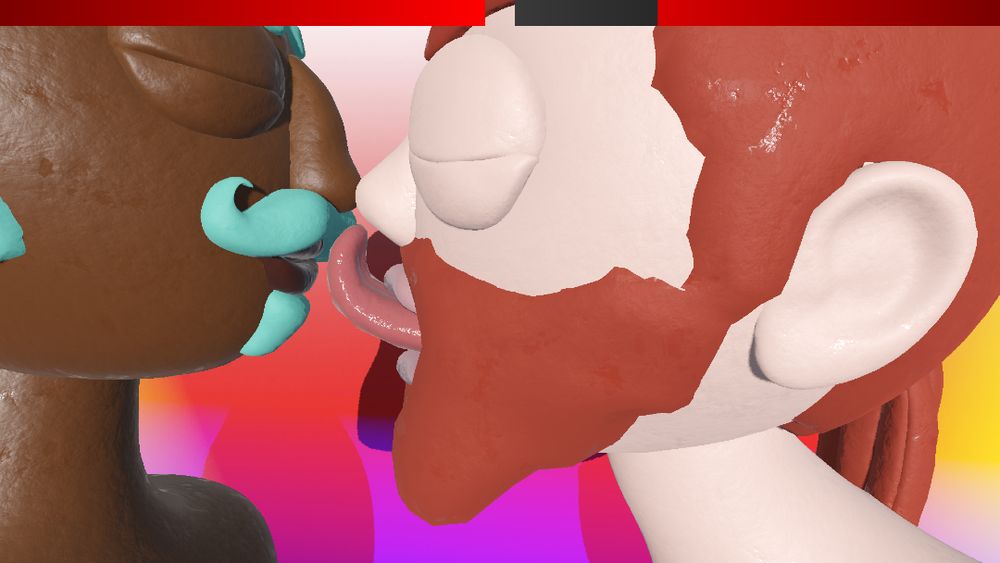a black person with turquoise hair, moustache & goatee, eyes closed, about to kiss a white bearded redhead, eyes closed, leaning in, tongue out. all rendered in a cartoonish 3d style