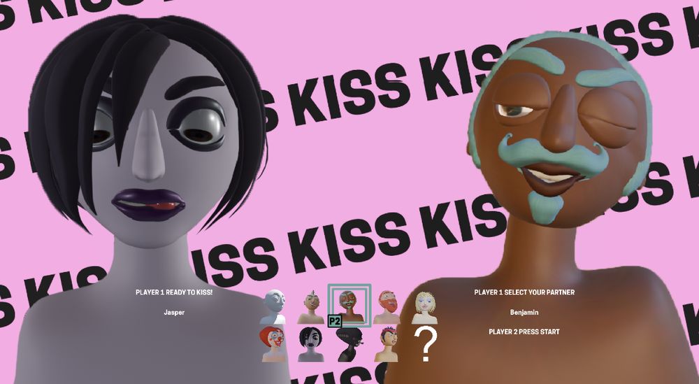 the character selection screen from our game "What If We Kissed". it show a goth person on the left and a black person with a teal moustache on the right. the background is pink with black text saying "KISS" over and over. At the bottom of the screen there's a grid with 9 characters and a "?".