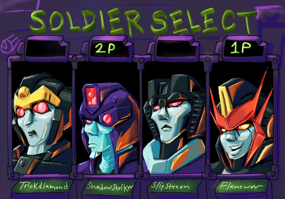4 portraits of transformers characters with orange side highlighting in the style of the Metal Slug character select screen. Characters are, Trickdiamond, Shadowstriker, Slipstream, and Flamewar.