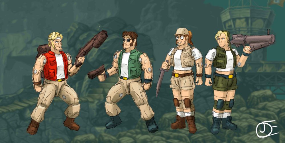 Drawing of Major Marco Rossi,  Captain Tarma Roving, Sergeant 2nd Class Eri Kasamoto, and Master Sergeant Fiolina "Fio" Germi from Metal Slug 2 as ARAH style GI Joe figures.