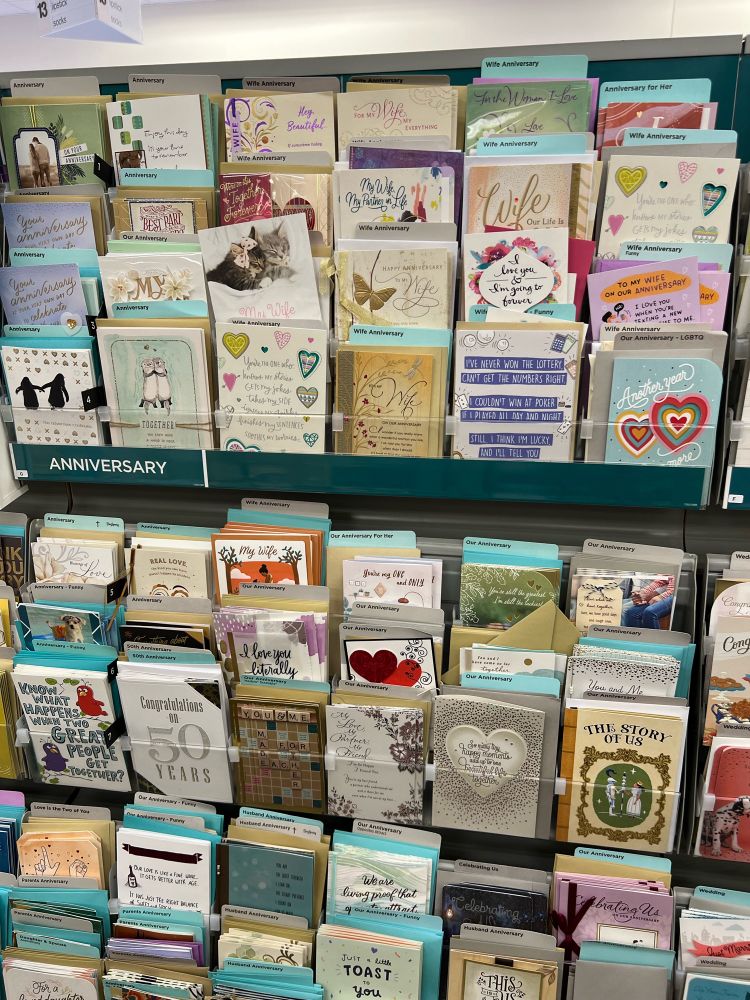 Two racks of anniversary cards. At the base of the top rack are two horizontal teal rectangles. The one on the right is longer than the left. Written in white on the left rectangle reads the word “Anniversary”.