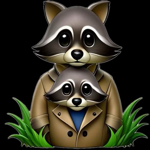 The heads of two raccoons stacked inside of a dark royal blue shirt and kaki trench coat with 4 buttons. The raccoons are over a black background with green grass sprouting out of the bottom next to the sides of the coat.

This image was created using the apple genemoji software.