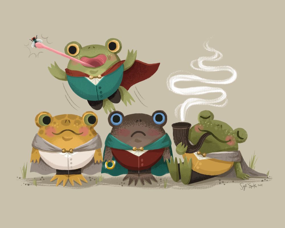 The Hobbits from Lord of the Rings caricatured as adorable frogs. Frodo stares worriedly at the viewer holding the one ring while Sam stands beside, looking at Frodo. Pippin jumps above, tongue protruding to catch a fly, while Merry lounges to the side, smoking a pipe. 