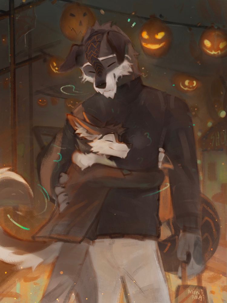 An anthro coyote wearing a patchy leather jacket and an eyepatch over his left eye aggressively hugs a much taller, anthro wolfhound-pangolin hybrid. The pair are standing on a dusk-lit street which is decorated with jack-o-lanterns and strings of lights.