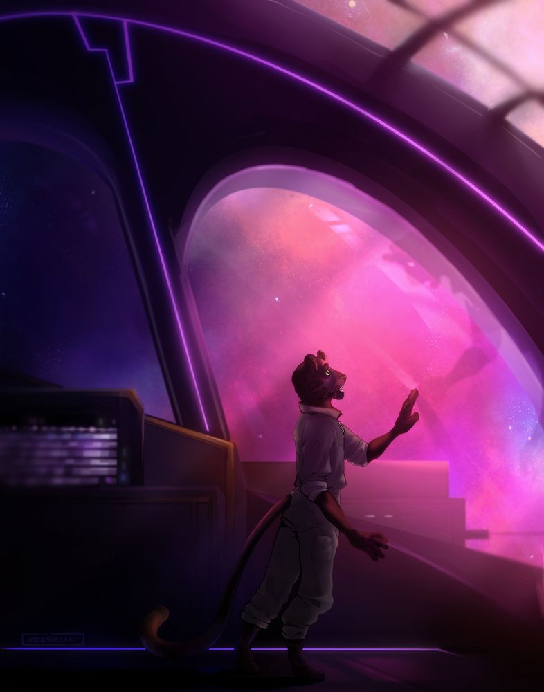 An absolutely stunning digital art piece illustrated by NoonMarkArt. The image features a young, anthropomorphic jaguar with green eyes and black fur, wearing gray coveralls, gazing in awe out the vast viewport of a starship in orbit. Visible beyond the glass is the void of space, alight with a gleaming nebula, its light washing over the jaguar in strokes of amethyst. Visible in the bottom-left corner, in the shadows of one of the ship’s consoles, is the signature of the artist, NoonMarkArt.