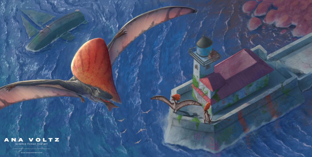 A digital painting of a tupandactylus pterosaur with a large orange crest, circling a Lake Superior lighthouse. Two agitated tupandactyluses sit on the edge of the lighthouse structure, posturing aggressively.
