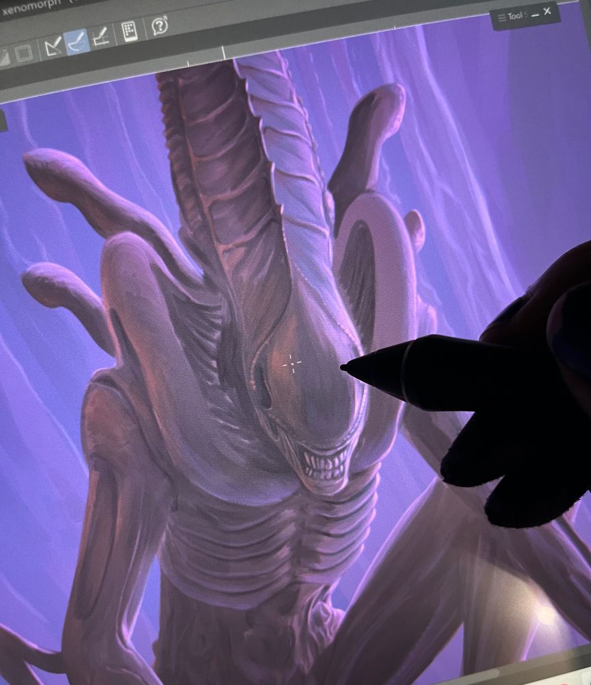 A picture of an in-progress digital painting. The painting is of a xenomorph. The image focuses on the head and torso, pale purple light in the background.