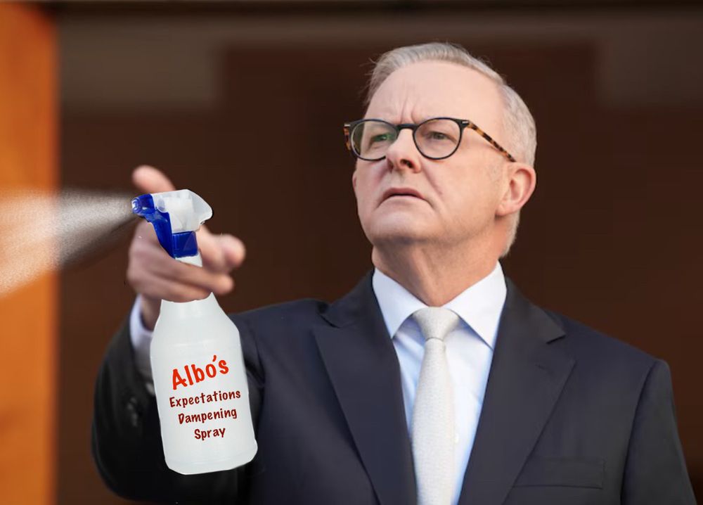 Anthony Albanese spraying water from a bottle labelled ‘Albo’s Expectations Dampening Spray