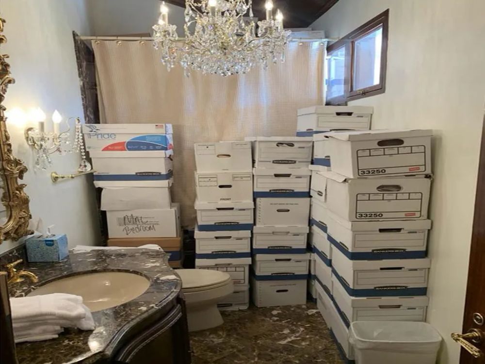 Shower room at Mar a Lago with boxes of classier documents 