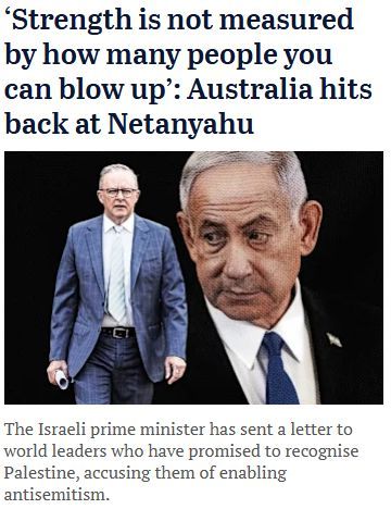 Newspaper headline quoting Labor's Tony Burke 'Strength is not measured by how many people you can blow up' in response to Netanyahu criticism of the Australian government