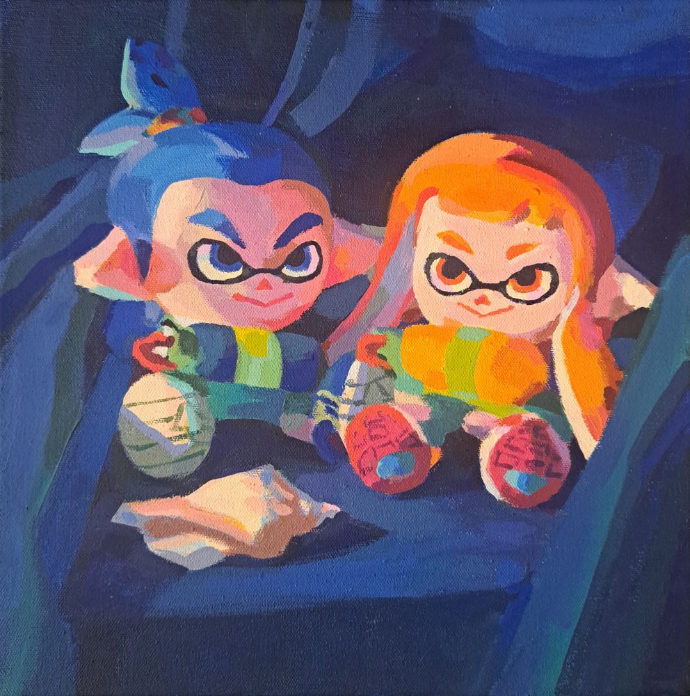 acrylic still life of Inkling Boy plush, Inkling Girl plush, and a conch shell wrapped in a navy blue cloth