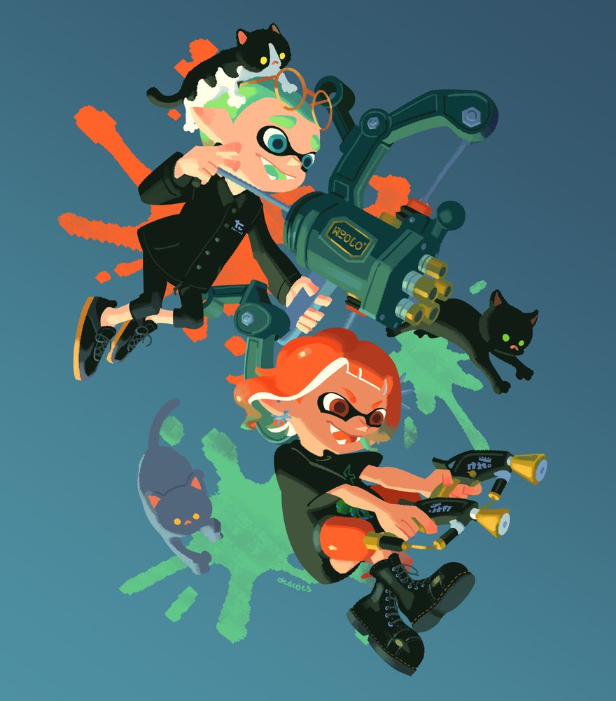 two inklings, one with a wellstring v and the other with enperry dualies, fall in the air and aim off-screen. around them are three cats, two jumping down with them