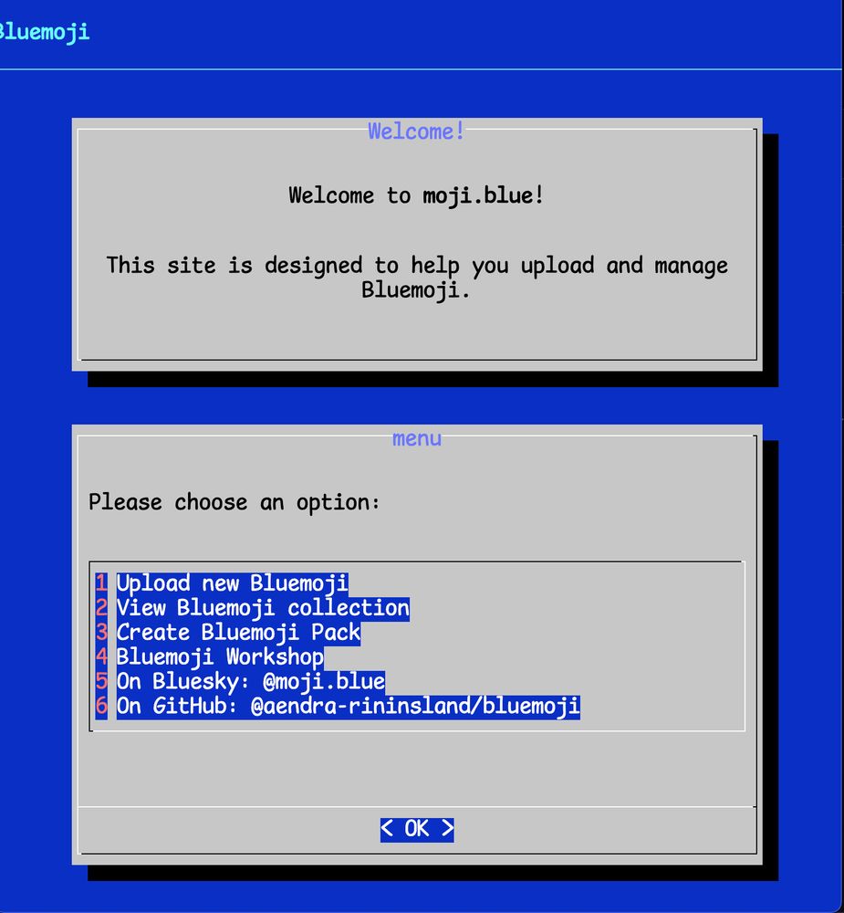 Prototype Bluemoji interface rendered in Comic Mono using the ncurses CSS stylesheet from poerror/ncurses-css