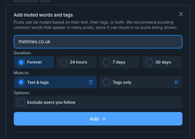 Bluesky "add mute words and tags" screen. "thetimes.co.uk" is in the text box.