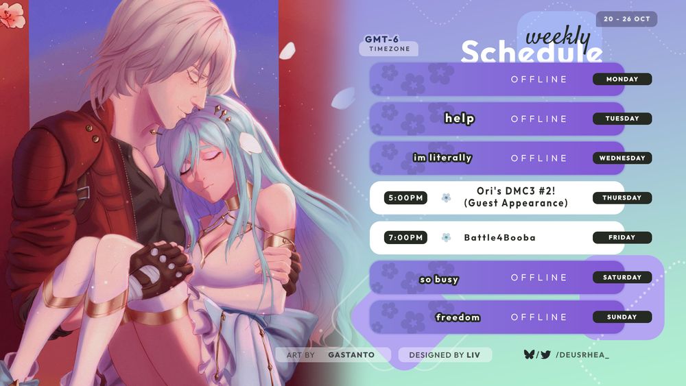 Timezone is Central US. DMC3 #2 on Ori's channel on Thursday at 5pm. Battle4Booba on Friday at 7pm.