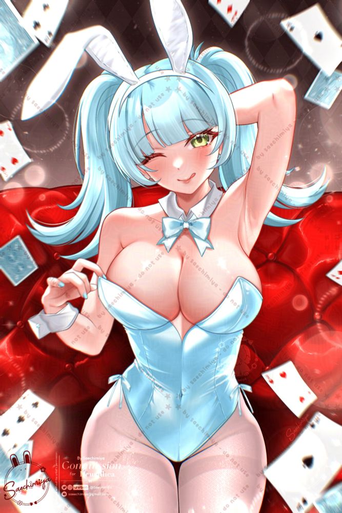 Art depicting Rhea as a bunny girl with twintails and a blue latex suit. She has one hand behind her head, is winking, and sticking her tongue out. There are playing cards falling around her in the foreground and background.