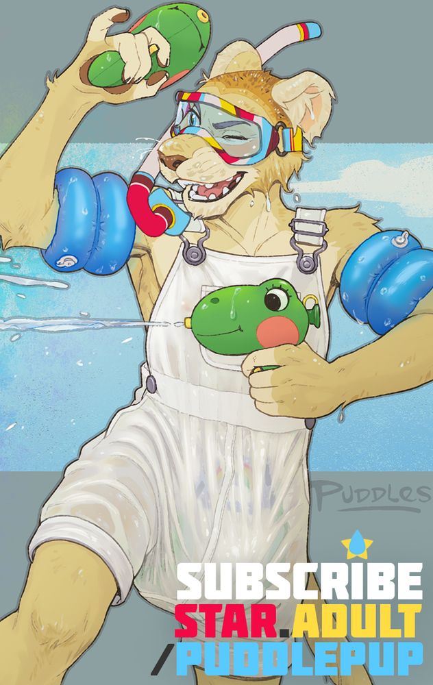 Junior wields a pair of soggy froggy squirt guns in a front lawn water fight with his dad. Fully armored in floaties and a snorkeling mask, even the garden hose can't bring him down!

It might bring his diaper down, though. It's so soaked, bloated, and saggy, it would already be around his ankles if not for the white shortalls valiantly holding them up. ...White shortalls that aren't hiding very much, now that they're wet.