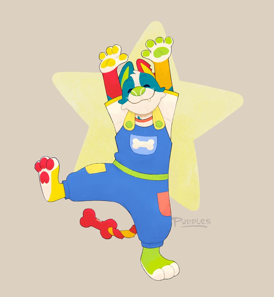 Hoopsiedasie's colorful pup Fetch does a big stretch, or a little dance, or maybe winds up for a cartwheel.