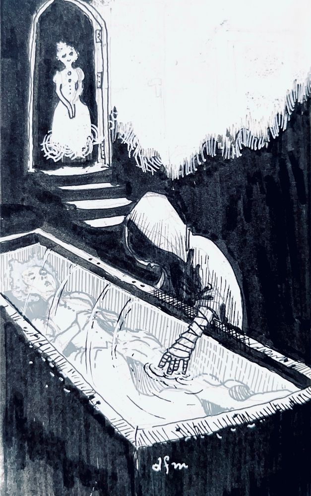 A cloaked and bandages figure broods over a woman immersed in liquid as the woman’s ghost enters the dungeon 