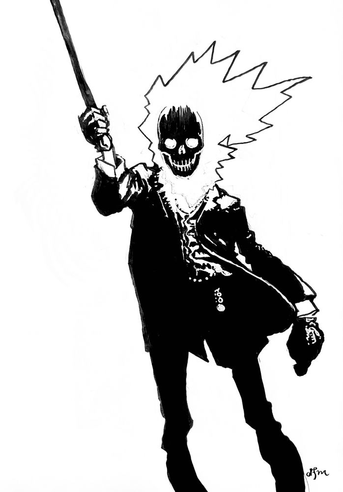 A person with a flaming skull head wearing a three piece suit and swinging a cane as if to say ‘get off of my lawn’