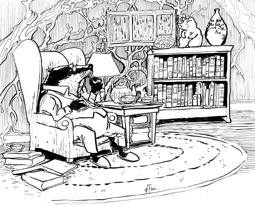 Anthropomorphic badger cozy in his burrow looking at a small window