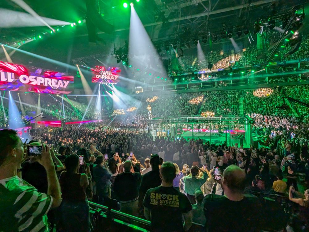 A wide angle shot of will ospreay looking at the crowd.