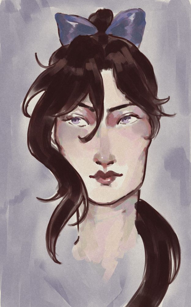 Retrato digital de uma mulher de cabelos escuros em rabo de cavalo com um laço azul e olhos violeta em um fundo violeta acizentado