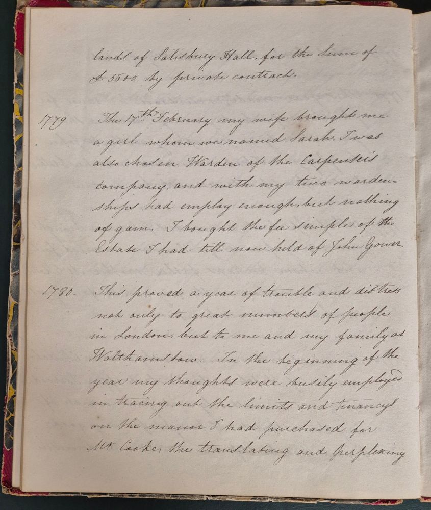 Page from the memoir of Joel Johnson of Walthamstow (1720-1799), transcribed by his daughter. This page shows entries for 1779 and 1780.