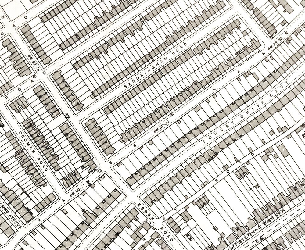 OS map section showing James Lane, Leyton, c.1939.
