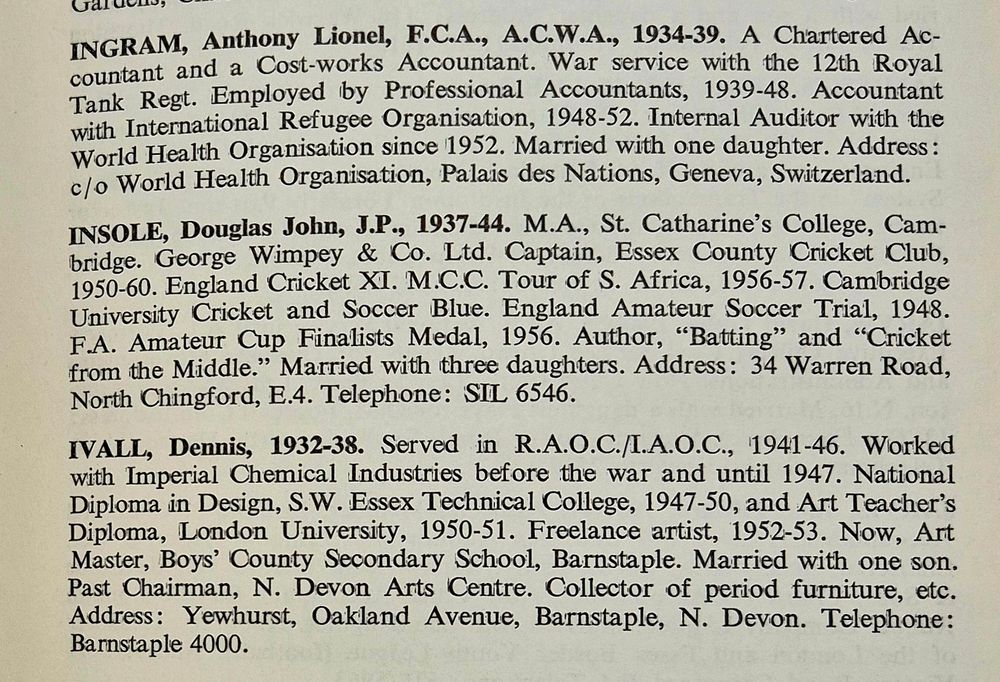 Entry for Douglas Insole from 'Who's Who Among Old Monovians' (1966).