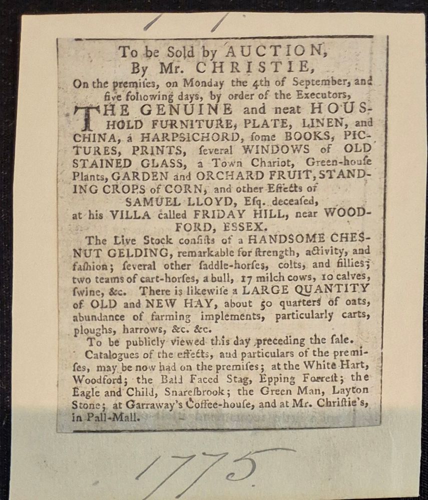 Newspaper advertisement for auction of household goods, crops, livestock and farming implements at Friday Hill villa, Sep 1775.