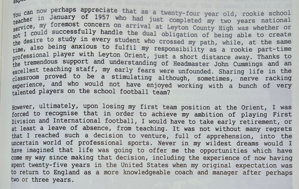 Extract from Phil Woosnam's contribution to a 1992 publication celebrating the history of Leyton County High School for Boys.