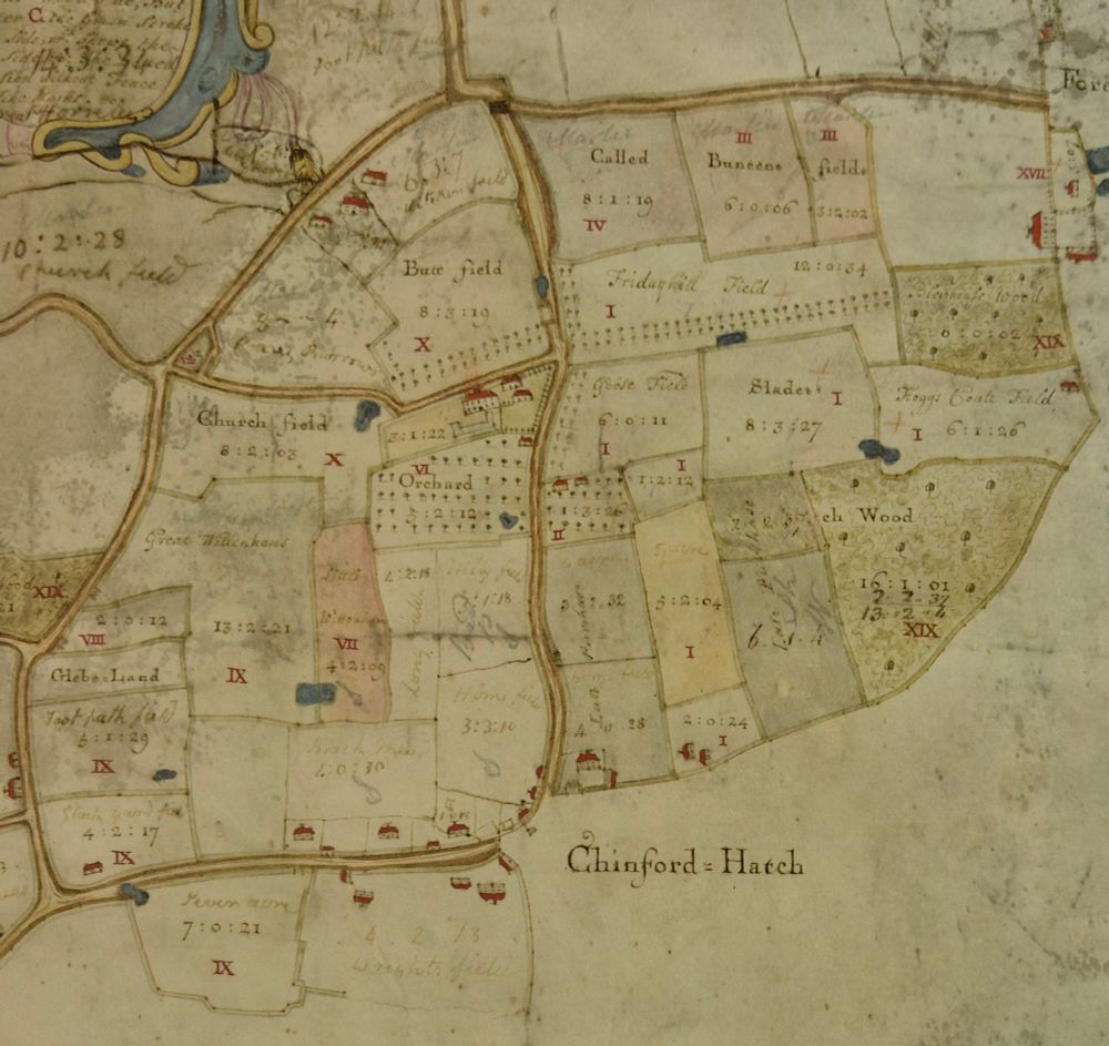 South-eastern section from map of Friday Hill Estate, Chingford, surveyed by Jared Hill, 1738. 
