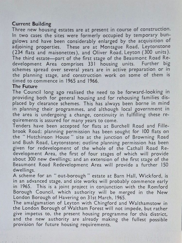 Text giving summary of current building and future plans, from 'Yesterday Today and Tomorrow, Housing in Leyton', Leyton Borough Council 1964/65.