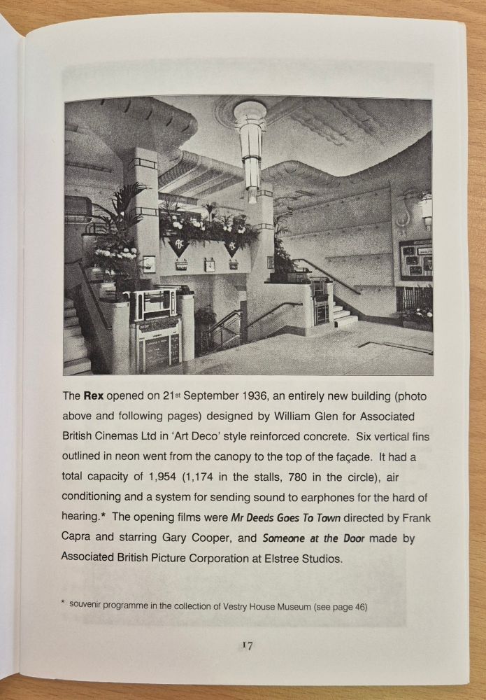 Description and interior image of the Rex cinema, from 'Cinema in Leyton and Leytonstone' by David Boote, published by Leyton and Leytonstone Historical Society (2010).