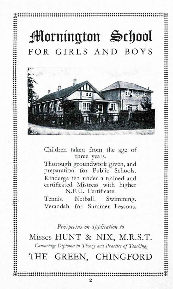 Directory advertisement for Mornington School, The Green, Chingford, c.1930s.
