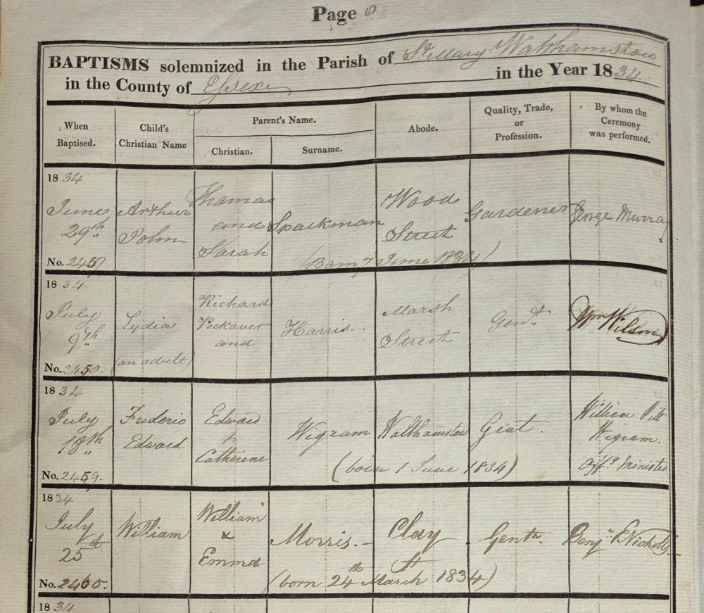Entries from Walthamstow St Mary's baptism register, June-July 1834, including the entry for the baptism of William Morris on 25 July 1834.