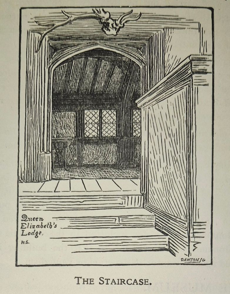 Drawing of staircase at Queen Elizabeth's Hunting Lodge, Chingford, from Essex Field Club guide (1925).