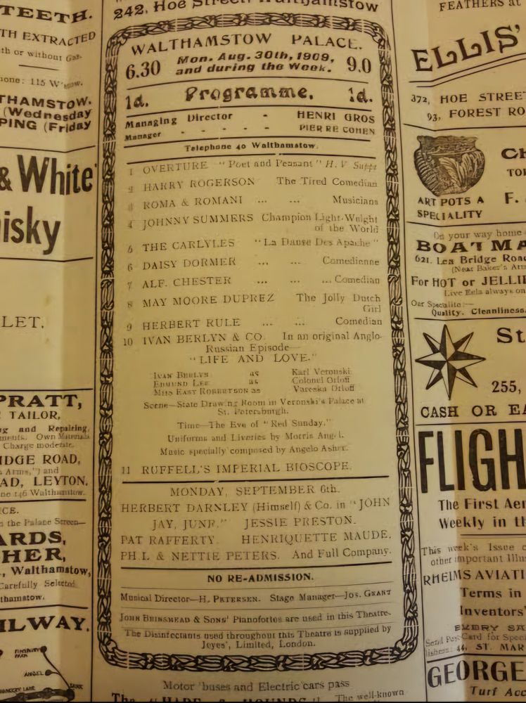Page from Walthamstow Palace Theatre programme, 1909.