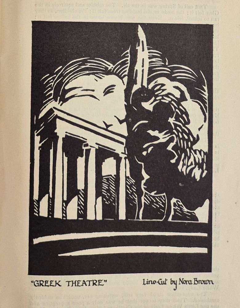 The Greek Theatre at Walthamstow School for Girls, lino-cut by Nora Brown from the school magazine in 1930s.