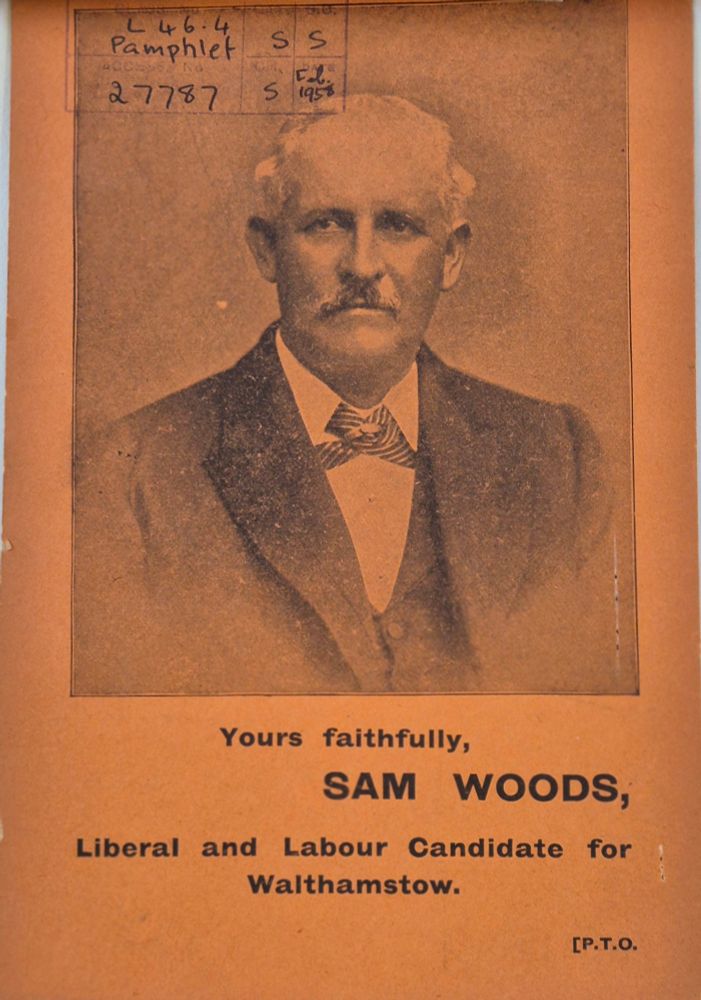 Sam Woods' portrait on the front of his electoral campaign leaflet, 1900.
