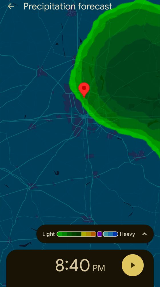 Map of projected rain at 8:40pm. Shows the LDC area in the clear.