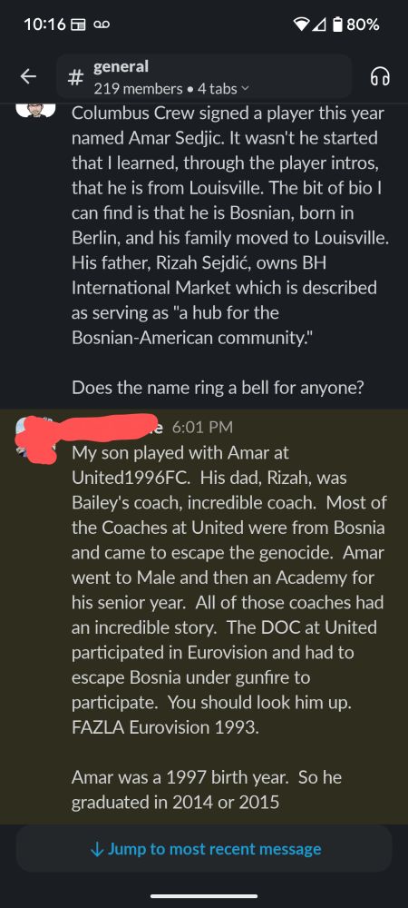 Screen shot of discussion post about Amar Sedic's family history in Bosnia and Louisville.